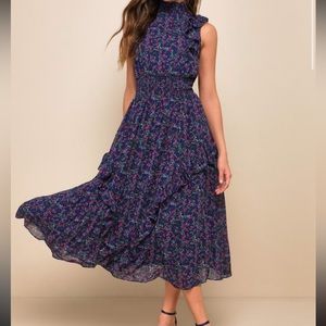 Lulu’s Evalina Navy blue Floral Print Mock Neck Midi Dress